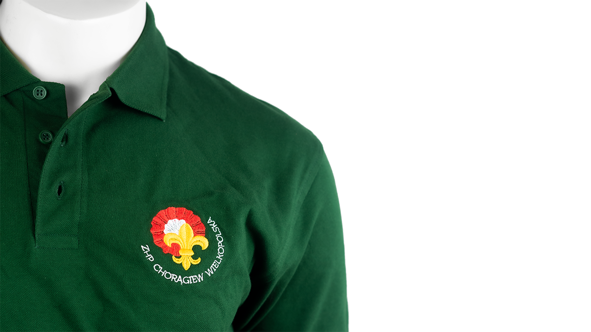 Męska koszulka polo z haftowanym logo Chorągwi Wielkopolskiej oraz herbem Województwa Wielkopolskiego
